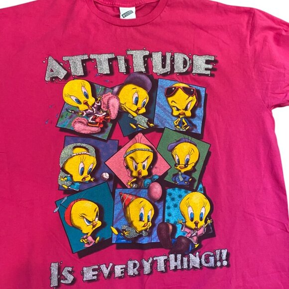 90's Vintage Looney Tunes Tweety Bird Oversized Shirt Pink Glitter - Picture 2 of 5